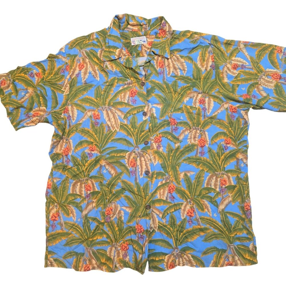 Vintage Reyn Spooner Hawaiian floral Button-Up Shirt Blue Green Palm Tropical M